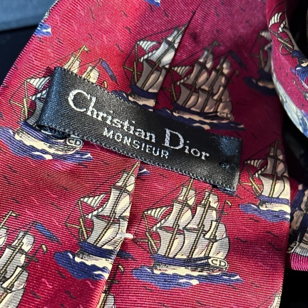 Dior Mid Century Modern Neckwear Tie 100% All Silk Red Sailboat Schooners Ship - Picture 7 of 8